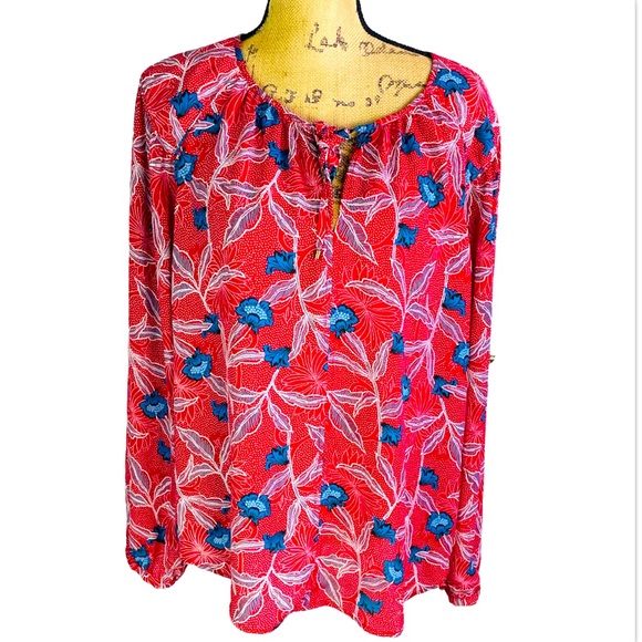 Bohemian Rose & Olive Women's Red Floral Blouse Tie Front Long S Large Hippie - Picture 1 of 10